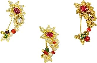 KYOOT JEWELS Medium Size Traditional Maharashtrian Banu Nath Nose ring without piercing Pearl Gold Plated Nath Combo Clip On Nose Ring For Women