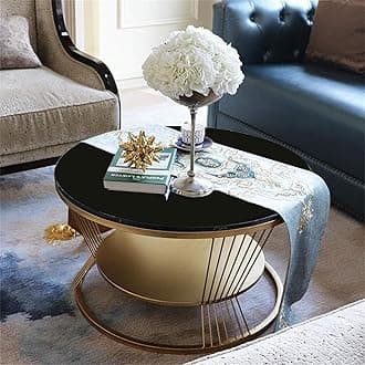 Coffee Table Two Tier Sofa Side Table Round Coffees Table Metal Frame Center Table Tea Table for Center Room Dining Home & Living Room Decor (Black Gold)