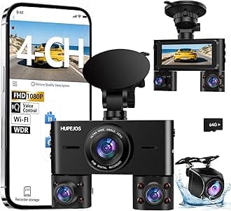 360° Dash Cam Front and Rear Inside, 4 Channel Dash Camera for Cars FHD 1080Px4, Built-in Wi-Fi, 3.16” IPS Screen, WDR Night Vision, Voice Control, Included 64GB Card, 24H Parking Mode