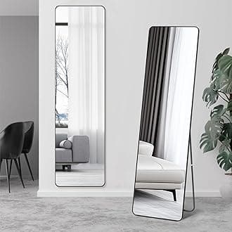 Decorhills Full Length Mirror 147x37cm – Rectangle Full Body Mirror with Foldable Metal Stand, Rounded Corner Floor Mirror with Durable Frame, Standing & Wall Mounted Dressing Mirror (Black)