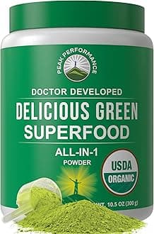 Peak Performance Organic Greens Superfood Powder. Best Tasting Organic Green Juice Vegan Super Food with 25+ All Natural Ingredients for Max Energy and Detox. Spirulina, Spinach, Kale, Probiotics