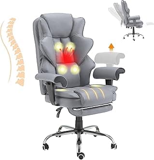 HOMREST 6-Point Massage Office Chair,Heating Executive Chairs,Ergonomic Home Office Desk Chairs with Retractable Footrest and Reclining Function,Leather Computer Chair with Adjustable Armrest(Gray)