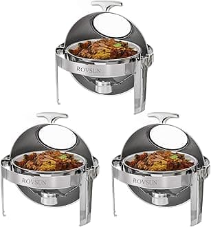 ROVSUN 3 Packs Roll Top Chafing Dish Buffet Set,6 Quart Round Stainless Steel Chafer for Catering,Buffet Servers and Warmers Set with Glass Window for Wedding, Parties, Banquet, Events，Graduation