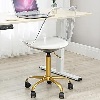 Clear Desk Chair with Cushion, Armless Acrylic Rolling Chair with Golden Feet Swivel Height Adjustable Ghost Chair Molded Plastic Home Office Chair with Wheels