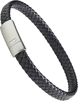 LUXAR Men's Genuine Interwoven Black Leather Braided Bracelet | Brushed Stainless Steel Clasp | Medium, Silver Clasp Leather