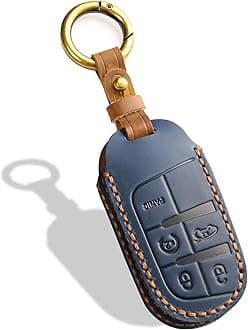 Leather Key Fob Cover, Compatible with Jeep Grand Cherokee Renegade Compass Chrysler Dodge RAM Durango Challenger Journey Dart Fiat, No Screw Design Key Holder Protector (Blue)