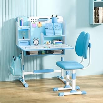 cdar Children Desk and Chair Set, Height Adjustable Kids Study Table with Ergonomic Chairs, Kids Desks with Bookshelf ＆ Drawer, Home School Desk ＆ Chair Set, 80cm Writing Area for Learning Blue 2