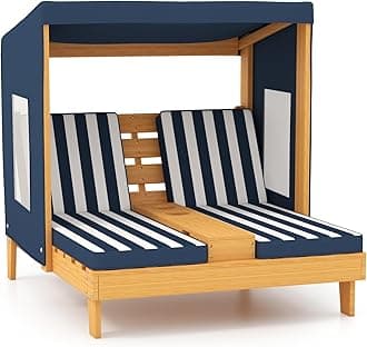 HONEY JOY Kids Chaise Lounge Chair Outdoor, Toddler Wood Double Pool Lounger Chairs w/Canopy, Cup Holders, Removable Stripped Fabric Cushions, 2-Person Kids Patio Furniture for Backyard (Navy Blue)