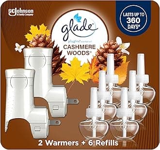 Glade PlugIns Refills Air Freshener Starter Kit, Scented Oil for Home and Bathroom, Cashmere Woods, 4.02 Fl Oz, 2 Warmers + 6 Refills