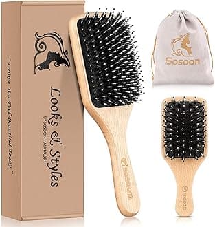Hair Brush Set, Sosoon Boar Bristle Paddle Hairbrush for Women Men Kids Reducing Frizzy, No More Tangle, Small Travel Brush Tail Comb & Giftbox Included