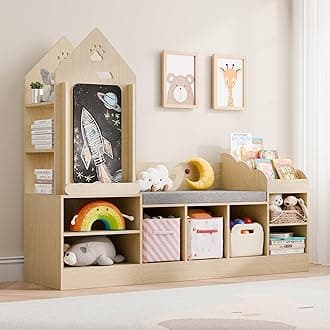 Kids Bookshelf with Reading Nook, Wooden Toy Storage Organizer with Chalkboard and Bench, Kids Reading Nook for Boys & Girls, Toddler Toy Shelf for Bedroom, Nursery, Playroom, Natural Oak