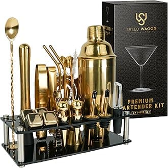 Mixology Bartender Kit – 24 Piece Gold Cocktail Shaker Set w/Stand – Essential Home Bar Accessories Martini Shaker, Jigger, Muddler, Chilling Cubes & More