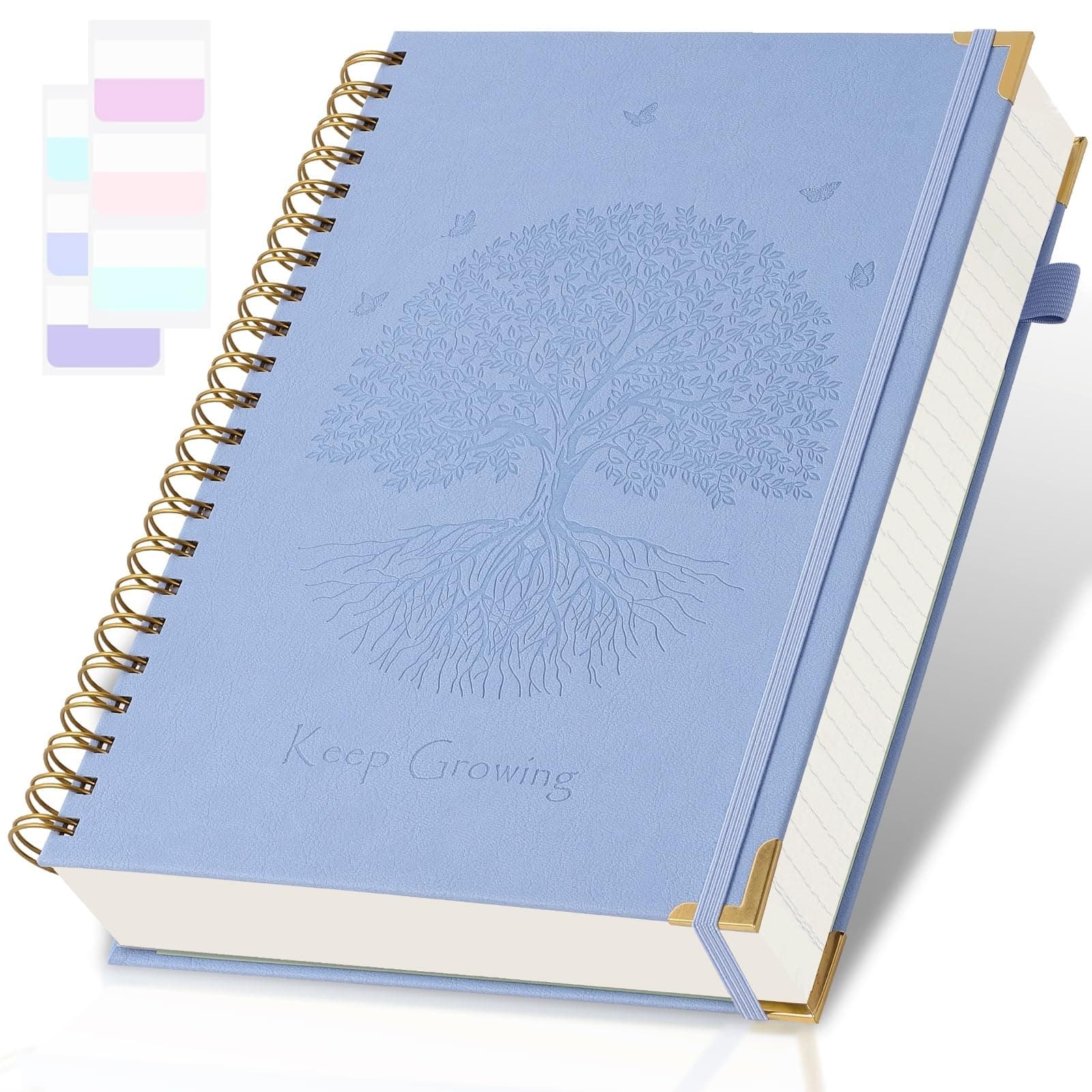 Spiral Notebook, College Ruled Notebook, A5, 300 Pages Leather Journals for Writing, 5.7" x 8.5", Hardcover Journaling Notebooks for Work School, 24pcs Tabs, Large Embossed Journal for Women Men, Blue