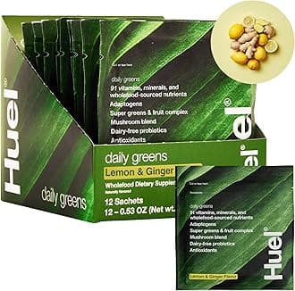 Huel Daily Greens Single Serve Lemon and Ginger | Superfood Greens Powder | 91 Vitamins, Minerals, and Wholefood-Sourced Ingredients | Adaptogens, Antioxidants, Gut-Friendly Probiotics | 12 Pack
