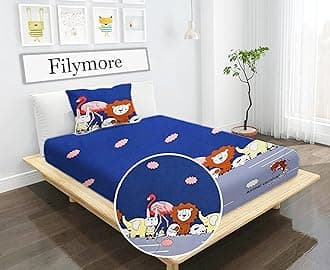 Filymore Animal Carnival Single Bedsheet for Kids Animal Cartoon Bedsheet for Kids Room Made with Microfiber(Size 60 X 90 Inches) 1 Bedsheet with 1 Pillow Cover (Color-Blue and Grey)