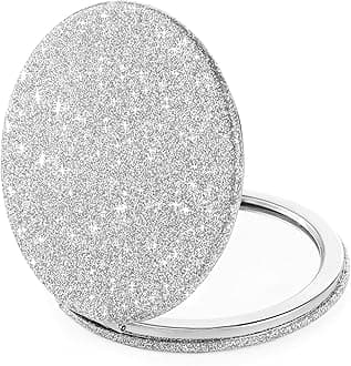 Small Glitter Compact Mirror, Folding Pocket Makeup Mirror Handheld 2-Sided 1x/2x Magnifying Cute Cosmetic Mirror Round PU Leather Mirror for Women Girls Travel(silver)