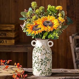 Vintage Pastoral Vase with Handles, Green and Beige Retro Ceramic Flower Vase, Rustic Farmhouse Vases Chinoiserie Floral Large Vase for Home Decor, Living Room, Kitchen, Bedroom and Shelf 9.1 Inch