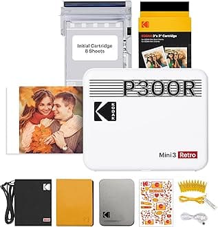 Mini 3 Retro Portable Photo Printer, Fast Printing, HD Photo, 54 x 86 mm, Bluetooth, Compatible with iOS and Android, Pack of 68 Photo Sheets, White