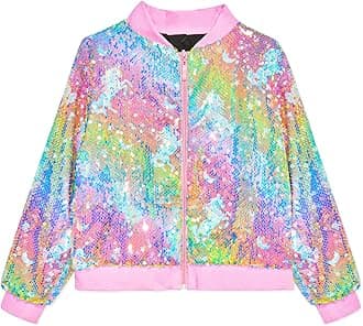 Girls Sequin Jacket Sparkly Glitter Bomber Kids Outwear with Pockets Zipper Coat Long Sleeve Jackets 4-12T