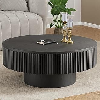 YOUDENOVA 35” Round Fluted Coffee Table, Modern Wood Circle Coffee Table, Veneer Handcrafted Relief Tea Table with Sturdy Pedestal for Living Room - Black