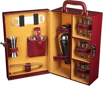 Croc Print Vegan Leathers 3 Glasses Bar Set | Premium Bar Sets Bottle Opener with Bottle Handy Portable Leatherette Bar Set for car | Whiskey Glasses (Red Wine)