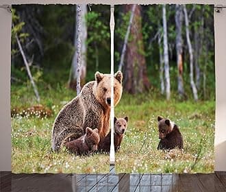 Ambesonne Nature Curtains, Wild Mother Grizzly Bear Protecting Her Babies in Forest Jungle Animal Print, Living Room Bedroom Window Drapes 2 Panel Set, 108" X 90", Green and Brown
