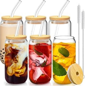 16 Oz Drinking Glasses with Bamboo Lids and Glass Straw - 6 Pcs Glass Cups Beer Ice Coffee Glasses Cute Aesthetic Cup Great for Coffee Bar Accessories Include 2 Cleaning Brushes