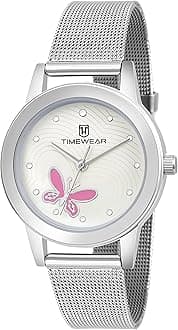 TIMEWEAR Analog Pink Butterfly Silver Dial Stainless Steel Strap Watch for Women