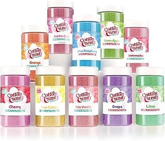 Cotton Candy Express Floss Sugar Variety Pack, 10-11oz Plastic Jars of Pina Colada, Orange, Bubble Gum, Grape, Chocolate, Green Apple. Blue Raspberry, Cherry, Pink Vanilla, & Banana