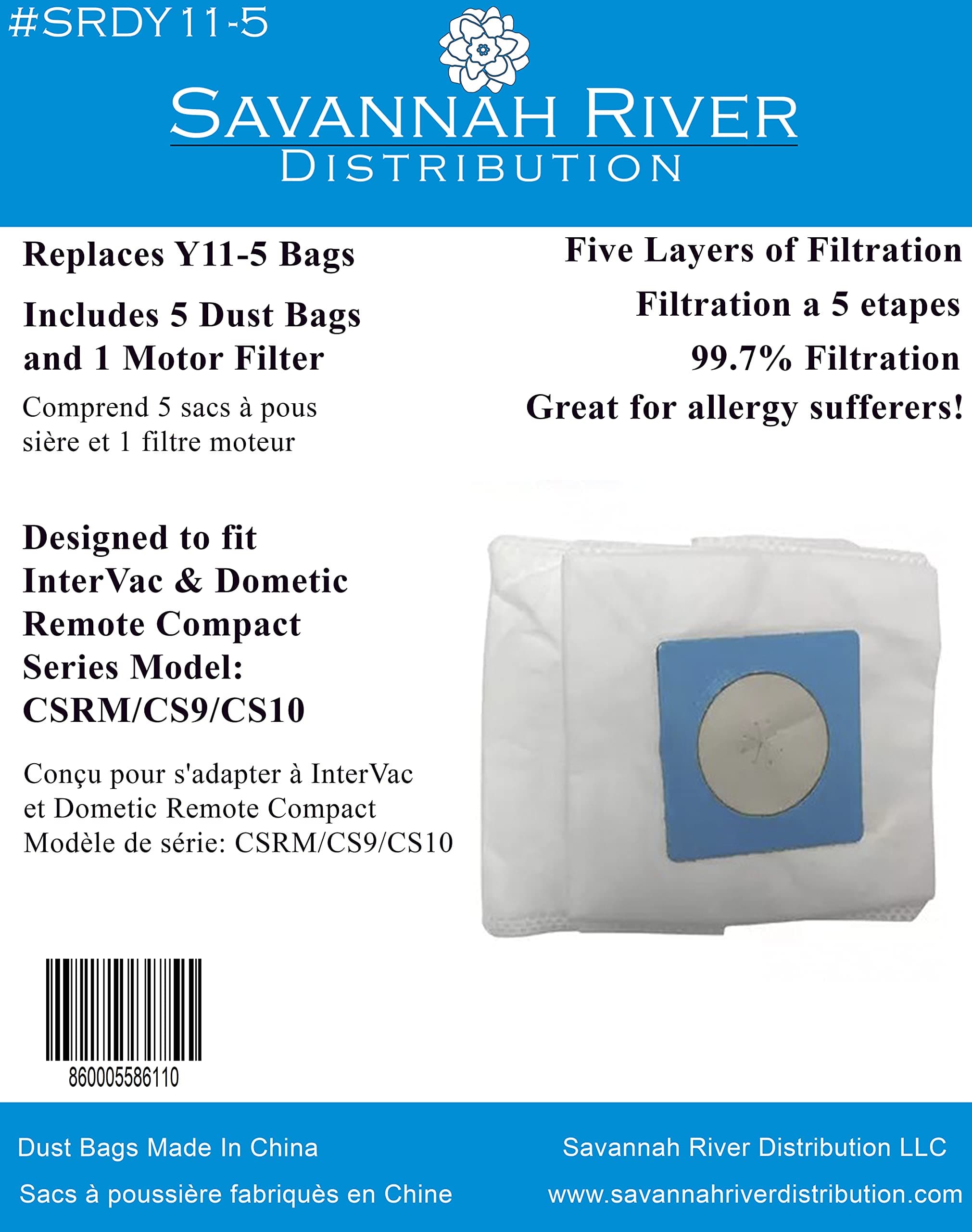 Savannah River Replacement Dust Bags for Intervac and Dometic Model Y11-5 Dust Bags SRDY11-5