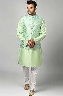 Uri and MacKenzie Men's Silk Blend Kurta Churidar Pyjama with Stylish Nehru Jacket