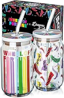 x Wheel of Fortune Drinking Glasses - 16 oz Glass Cups with Lids and Straws Set of 2 - Clear Iced Coffee Cups with Lids - Reusable Glass Tumbler with Straw and Lid