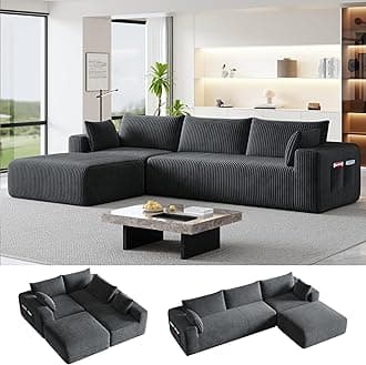 108" Cloud Couch Modular Sectional Sofa for Living Room,L Shaped Boneless Couch with Deep Seat Chaise,No Assembly Required Foam Sleeper Sofa for Apartments,Plush Corduroy Fabric, Dark Gray