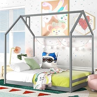 Bellemave Kids Montessori Floor Bed,Full Size House Bed with Fence,Wooden Floor Bed for Kids,Full Bed Frame for Girls,Boys(Full,Gray)