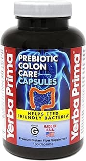 Yerba Prima Prebiotics Colon Care Fiber Caps, 180 Capsules - Five Forms of Fiber Plus FOS Pre-biotics - Dietary Health Supplement - Healthy Soluble & Insoluble Fibers for Regularity