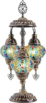 Mozaist Turkish Mosaic Lamp with Bulb – 3 Globe Tiffany-Style Moroccan Table Light (Multi-Colored)