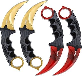 DISPATCH 4-Pack Karambit Knife Fixed Blade Knives Set with Sheath, 7.5" Full Tang Tactical Dagger – Red & Yellow 3Cr13 Stainless Steel Blades, ABS Handle with Finger Ring, Outdoor Hunting, Camping & EDC
