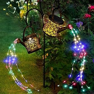 Merear Solar Watering Can Lights Outdoor with 8 Multi-Color Changing Modes, IP65 Waterproof Landscape Light Garden Decor, One Pole Two Lights Outside Decorations for Lawn, Backyard, Patio, Chrismas