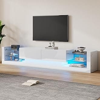 BTM TV Stand Cabinet with 2 Closed Sliding Door and Open Glass Storage, TV Stand with LED Lights and High Gloss Panel for TV up to 75 inch, 181x38x38cm, White