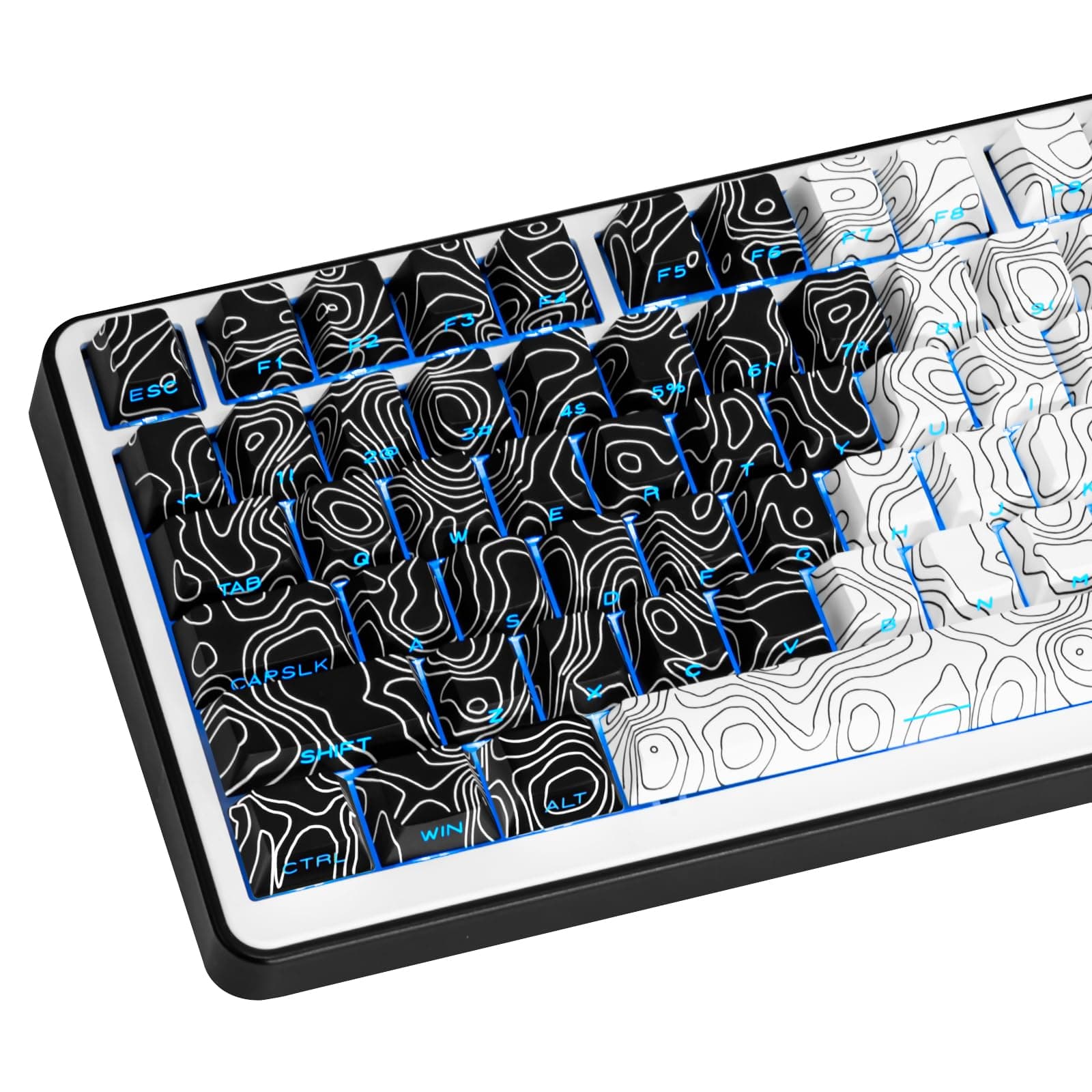 131 Keys PBT Keycaps Cherry Profile Side Printed Keycaps Dye Sub Shine Through Custom Keycaps Black White Topographic Keyboard Keycap Set for Cherry Gateron MX Switches Mechanical Keyboard