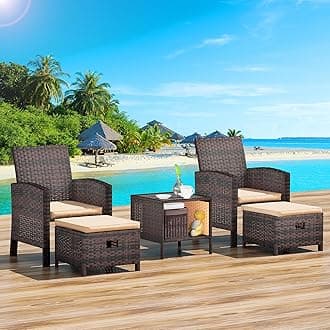 LEVELEVE Balcony Furniture 5 Piece Patio Conversation Set, PE Wicker Rattan Outdoor Lounge Chairs with Soft Cushions 2 Ottoman&Glass Table for Porch, Lawn-Brown Wicker