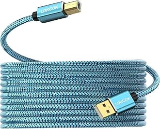 LDKCOK 20ft Long Printer Cable USB 2.0 Type A to B, Nylon Braided Scanner Cord for Home Office & Studio, Compatible with HP, Canon, Brother, Yamaha MIDI Keyboard, Audio DAC (Aluminum Shell, Blue)