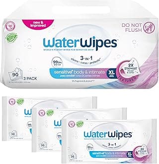 WaterWipes Sensitive Whole Body Cleansing Wipes, 99.9% Purified Water, XL Textured Wipes, Incontinence Care, Fragrance Free, 90 Count