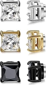 Jstyle3 Pairs Stainless Steel Mens Womens Magnetic Stud Earrings Non-piercing CZ 5-8mm