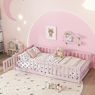 Twin Floor Bed with Safety Guardrails for Kids, Rubber Wood Montessori Bed with Slats and Convertible Door, Twin Size Bed Frame for Girls and Boys,No Box Spring Needed,Pink