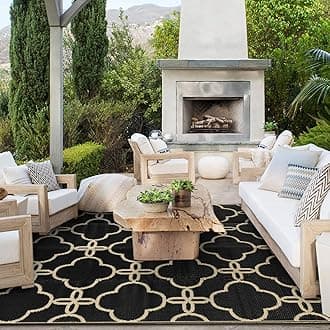 Ashler Outdoor Rug, Outdoor Plastic Straw Rug, 5x8 Reversible Black Patio Mat, Flower Modern Design for RV, Backyard, Deck, Camping, Picnic, Spring, Durable & Weather-Resistant Large Area RugOEKO-TEX STANDARD 100