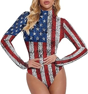 TAIZIYEAH American Flag Women's Mock Turtle Neck Long Sleeve Tops Bodysuit Jumpsuit S