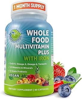 - Vegan Whole Food Daily Multivitamin with Iron, Methylated Multivitamin for Women and Men, Made with Fruits & Vegetables, B-Complex, Probiotics, Enzymes, CoQ10, Omegas, Turmeric, Non-GMO, 90 Count