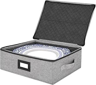 homyfort Platter Storage Case Stackable-China Storage Containers,with Hard Lid Height of 5.3'' and Quilted and Padded Surfaces - Structured Top, Bottom and Sides,4 Felt Dividers Included(Light Grey)