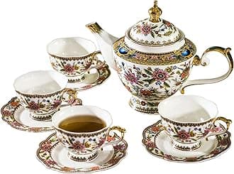 ACMLIFE Fine Bone China Tea Set, British Vintage China Set for Adults 24K Gold, Afternoon Cups and Saucers for Women Tea Party or Gift Giving (Pink and Gold)